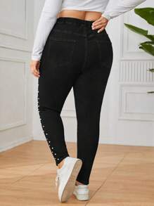 SHEIN Privé 大码珍珠缀饰紧身牛仔裤 - 黑色 - 查看 2