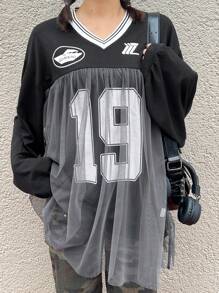 FRIFUL Women's Number & Letter Print Mesh Contrast T-Shirt With Sporty Vibe,Fall Clothes - Black - View 1