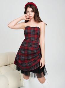 SHEIN Teen Girl Casual Bustier Plaid Contrast Mesh Overlay Christmas Party Mini Dress - Red - View 7