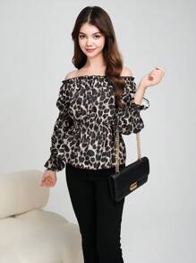 Teen Girls Casual Off Shoulder Leopard Print Blouse, Versatile Design - Multicolor - View 4