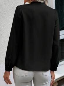 EMERY ROSE Simple Solid Color Puff Sleeve Shirt, Casual Autumn Fall Cloth For Women - Black - View 2