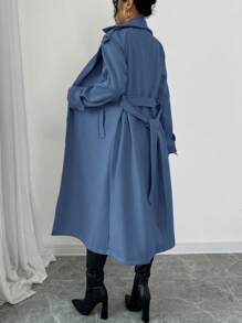 Chiquease Women's Elegant Vintage Shoulder Design Waist Cinched Turndown Collar Overcoat - Dusty Blue - View 2