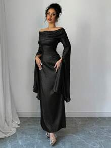 Rafferiza Vestido de manga larga con abertura, hombros descubiertos, cintura plisada, vestido de gala elegante de longitud máxima para mujeres
