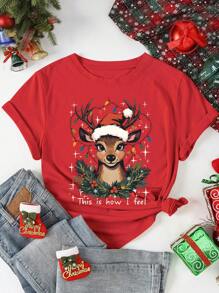 INAWLY Women's Christmas Deer Graphic Casual Round Neck Short Sleeve T-Shirt Graphic Tees Women Tops - Red - View 1