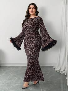 Modelyn Plus Size Leopard Print Fluffy Sleeve Panel Elegant Long Sleeve Dress - Multicolor - View 7