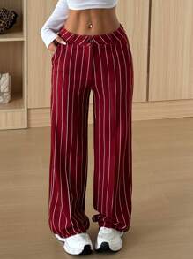 SHEIN EZwear Women Casual Striped Slant Pocket Business Pants, Spring & Autumn - Burgundy - View 3