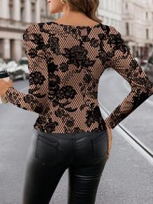 SHEIN Clasi 女士蕾丝印花长袖优雅派对衬衫 - 卡其色 - 查看 2