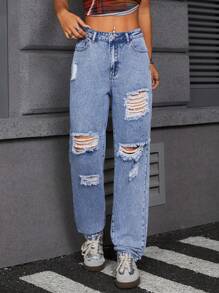 SHEIN ICON 女式休闲宽松直筒破洞口袋牛仔裤 - 中等水洗藍 - 查看 5