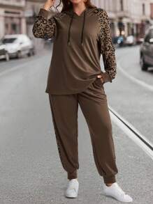 EMERY ROSE 2pcs Plus Size Women Leopard Patchwork Hoodie And Pants Set,  Winter Clothes
