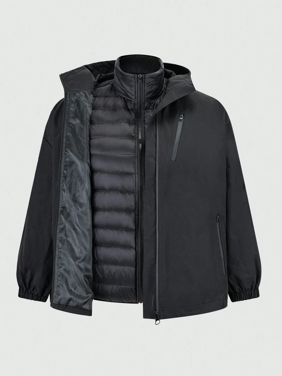 SHEIN EZwear 2pcs Set:  Windbreaker + Warm Down Jacket, Plus Size Down Jacket - Black - View 1