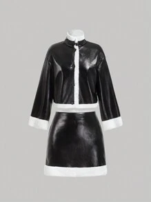SHEIN MOD 黑白蓬松PU皮革长袖西装外套和迷你裙两件套，秋冬 - 黑色 - 查看 1