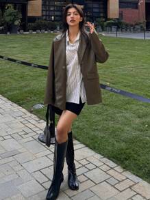 DAZY Casual Spring/Summer Striped Loose Long Sleeve Lapel Collar Blouse For Women,Fall Clothes Preppy Tops - White - View 4