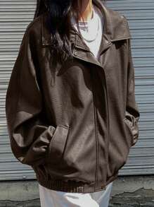 DAZY Women Solid Color Raglan Sleeve Zip-Up Collar Loose Casual PU Jacket For Autumn,Fall Women Clothes Leather Jacket