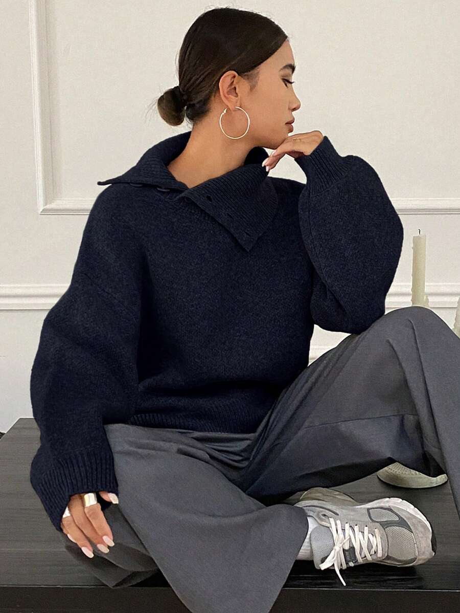 DAZY 女士宽松休闲纯色针织毛衣，秋季新品 - 藏蓝色 - 查看 1