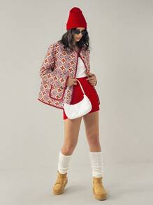 Forever 21 Casual Retro Printed Double Pocket Winter Jacket - Red - View 5