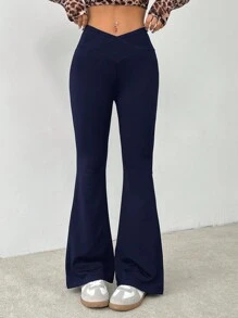 SHEIN PETITE Pantalones acampanados de cintura alta en unicolor simple
