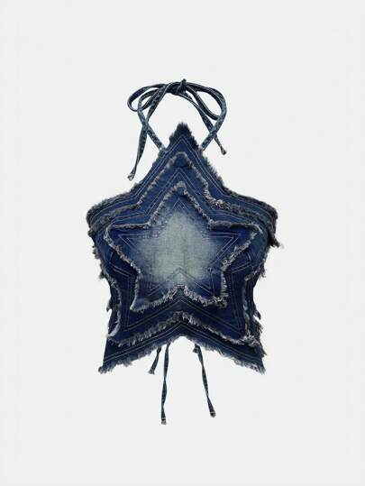 Grunge Punk Women's Punk Rock Outdoor Vintage Distressed Star Patch Halter Neck Denim Tank Top