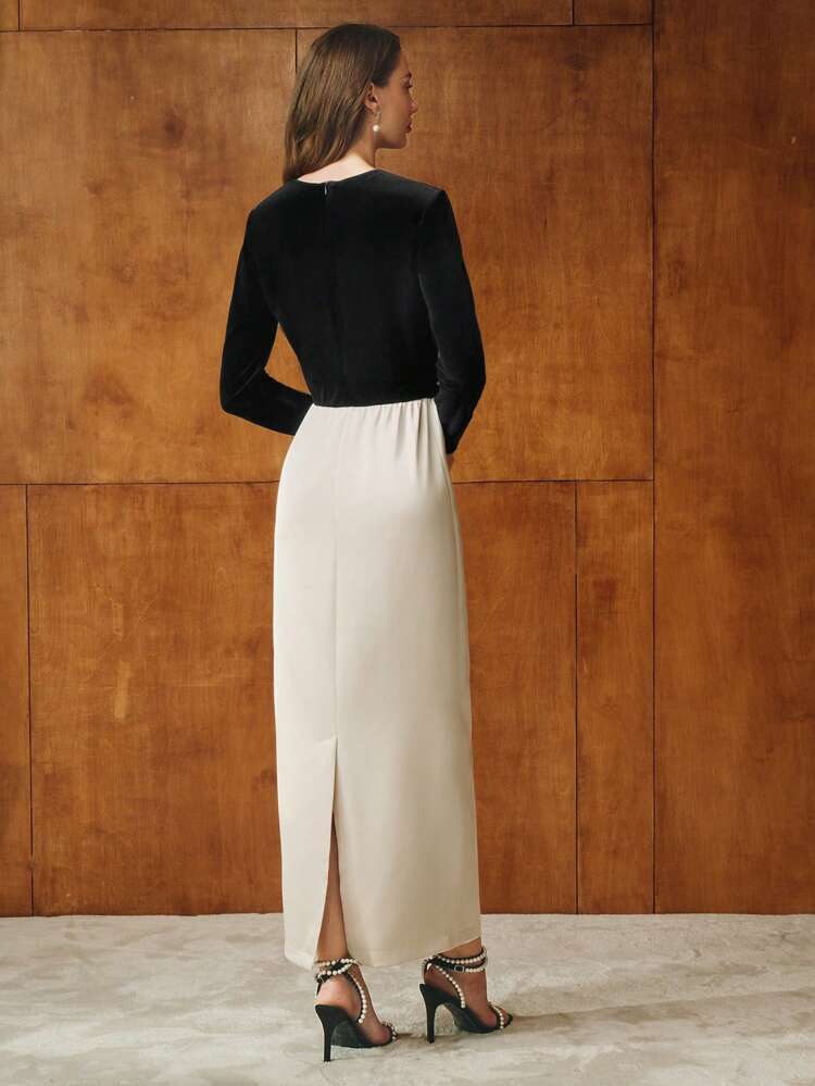 CONTRAST VELVET BELTED DRESS