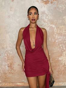 SHEIN BAE Elegante vestido midi de manga larga con cuello drapeado y lazo delantero, adecuado para uso diario, citas, salidas, discotecas, fiestas, temporada de otoño, disfraz de Halloween