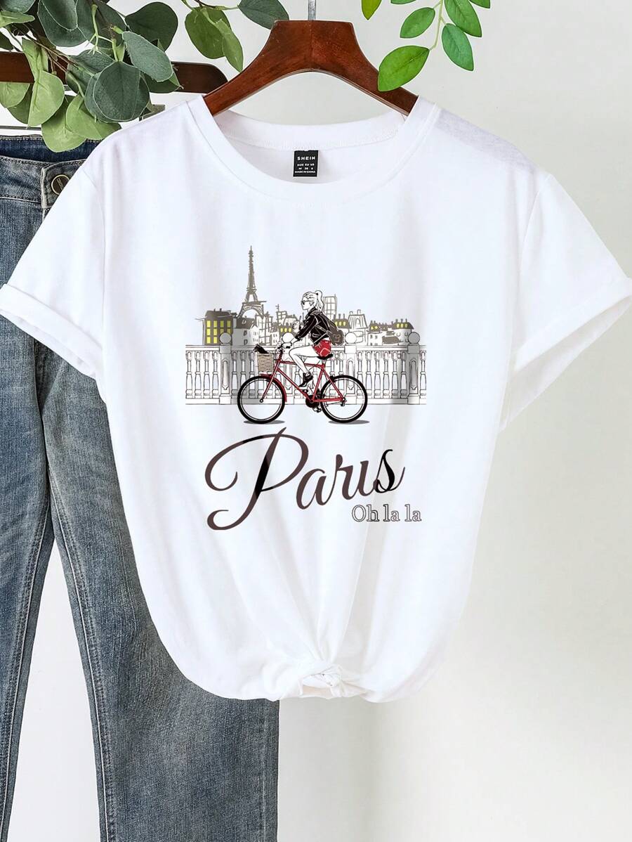 SHEIN LUNE Áo thun in hình cô gái đạp xe phong cách thành phố mùa hè dành cho nữ Áo thun họa tiết dành cho nữ - trắng - Xem 1
