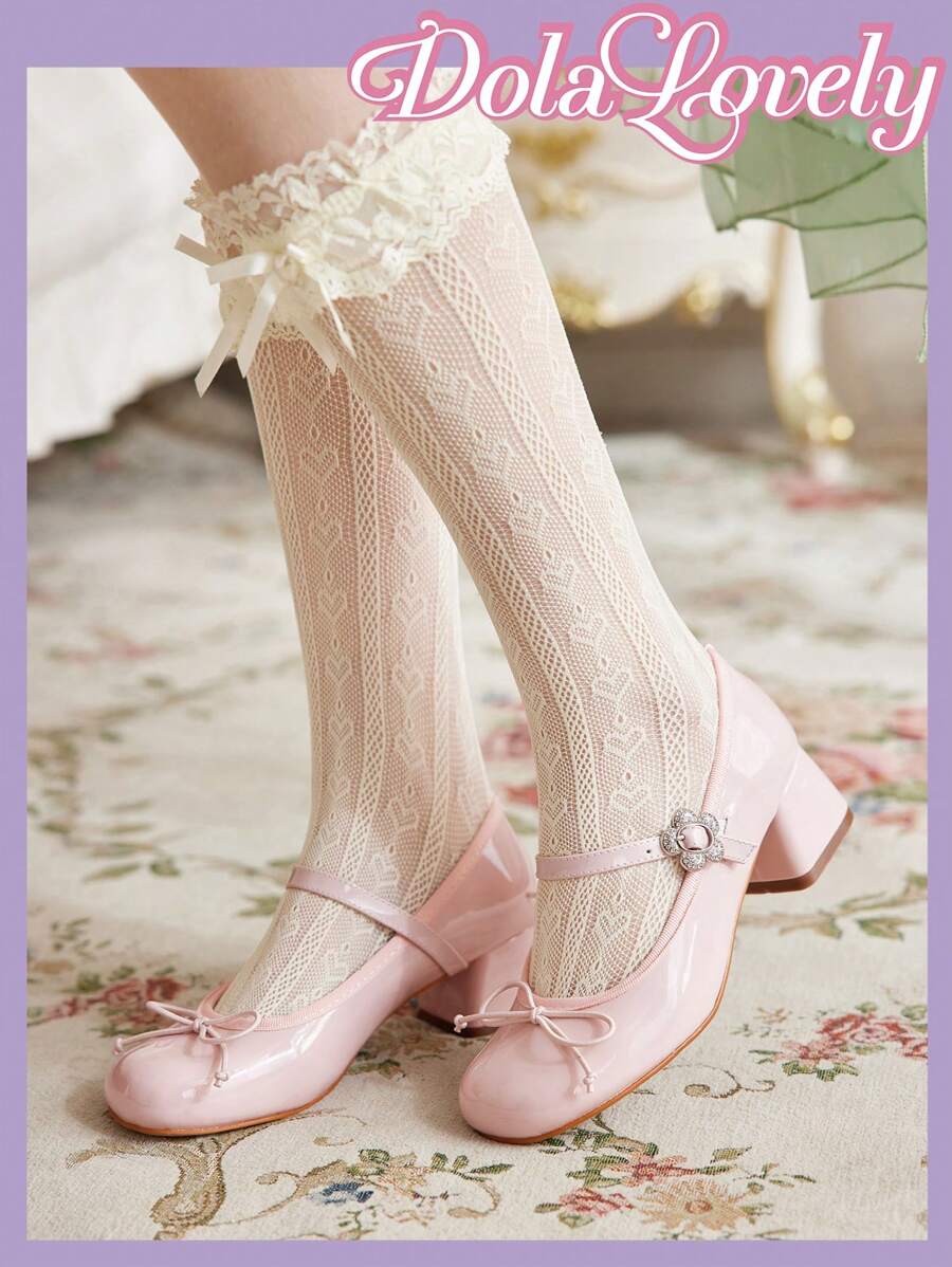 Dola Lovely 圆头露跟蝴蝶结粗跟高跟鞋时尚女士高跟鞋新年假期情人节