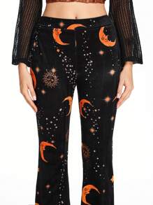 ROMWE Hippie Women Hippie Star & Moon Print Velvet Flare Pants