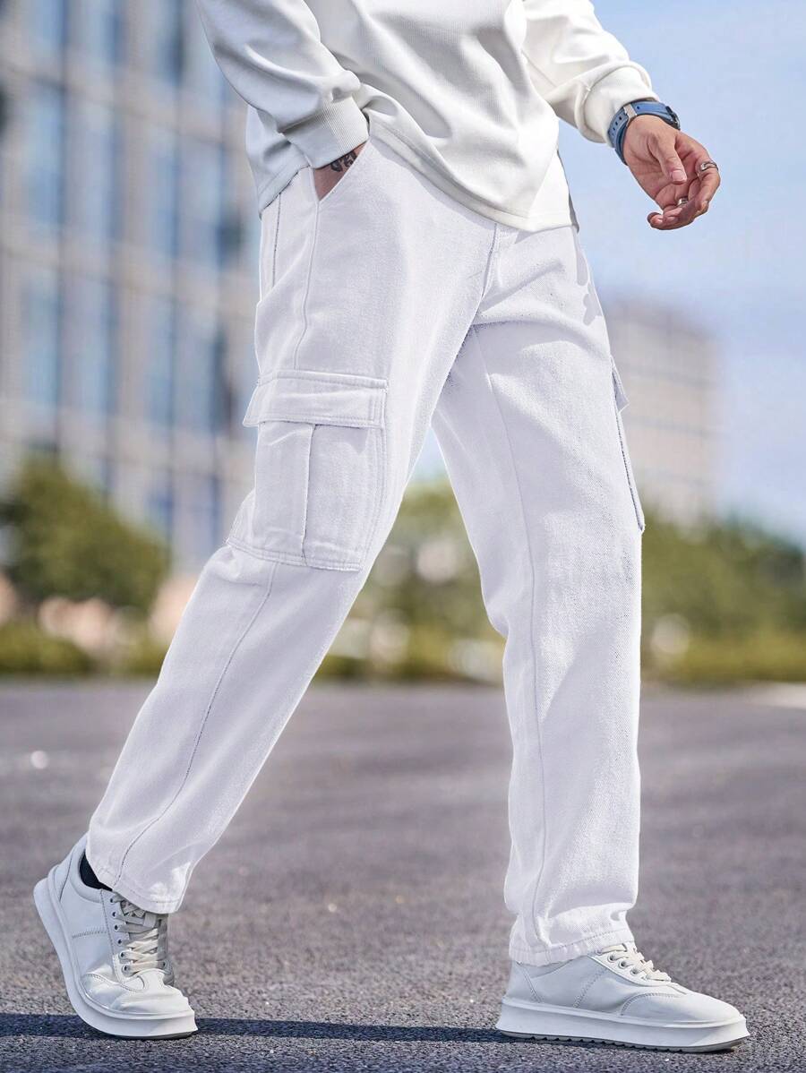 Manfinity Homme 男式实用口袋直筒宽松休闲牛仔裤 - 白色 - 查看 1