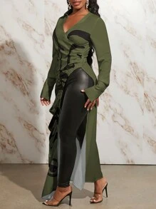 Slaydiva Women Allover Print Cross Wrap V-Neck Asymmetric Hem Long Sleeve Blouse - Army Green - View 4