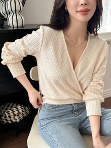DAZY Women's Elegant V-Neck Cross-Wrapped Long Sleeve T-Shirt, Solid Color Design, New For Autumn,Fall Women Clothes - White - View 8