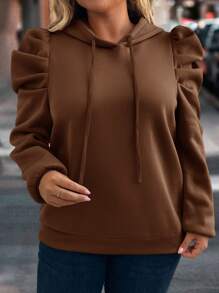 SHEIN LUNE Áo nỉ trùm đầu tay bồng màu trơn cỡ lớn thường ngày, dành cho quần áo mùa thu đông - màu nâu - Xem 12
