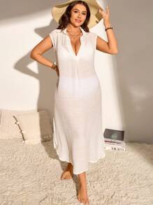 大码纯色翻领透视长款无袖罩衫连衣裙 夏季