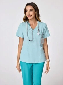 SHEIN TaskFit Contrast V-Neck Patchwork Pocket Short Sleeve Scrub Uniform Top - Mint Green - View 3