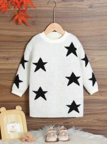 年轻女孩时尚休闲可爱落肩长袖圆领五角星图案针织连衣裙，柔软面料适合日常外出和旅行 - 黑與白 - 查看 1