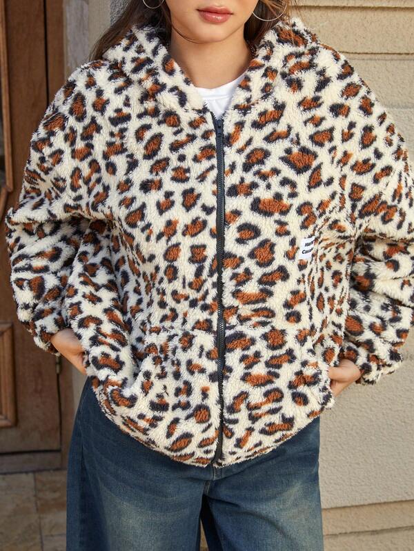 SHEIN Teenager Mädchen Amerikanischer lässiger Leoparden-Muster warmer Fleece-Hoodie Jacke, geeignet für den täglichen Gebrauch, Herbst/Winter
