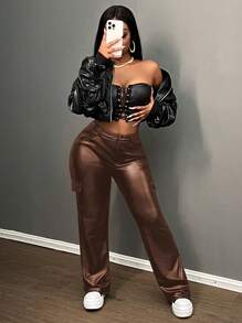 Slaydiva Nuevo esencial para fiestas de San Valentín, Navidad y Año Nuevo - Pantalones de carga de unicolor de piel sintética elástica y de cintura alta, versátiles y sexys para mujeres - Marrón - Ver 7