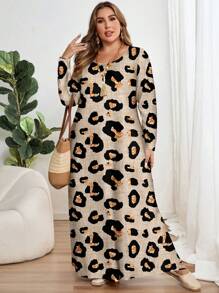 EMERY ROSE Plus Size Leopard Print Long Sleeve Round Neck Dress, Suitable For Autumn/Winter - Multicolor - View 5