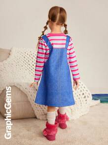 条纹圆领长袖独角兽印花宽松休闲连衣裙，适合年轻女孩