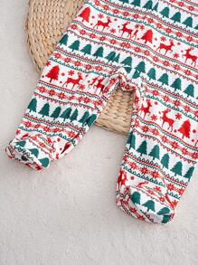 Cozy Pixies 新生男婴圣诞图案拼接长袖连体衣睡衣、休闲家居服 - 綠色 - 查看 5