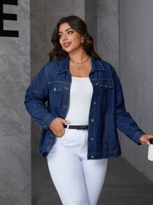 SHEIN Essnce Áo khoác denim dài tay dáng rộng, màu trơn, cài cúc phía trước, có túi, phong cách thường ngày, thích hợp cho dịp Giáng sinh và Lễ Tạ ơn. - Màu xanh lam - Xem 4