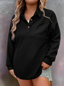 Plus Size Women's Solid Color Drop Shoulder Long Sleeve Polo Collar Pocket Loose Casual Blouse, Autumn - Black - View 1