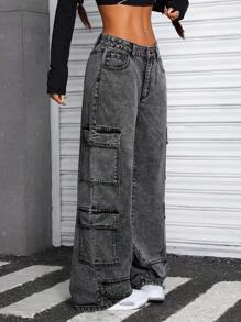 SHEIN ICON 女士实用口袋洗水牛仔阔腿裤 - 灰色 - 查看 6