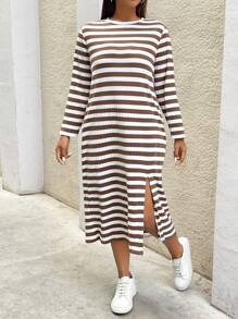 SHEIN Essnce Plus Size Women's Autumn And Winter Casual Loose And Comfortable Long Sleeve Slit Striped Mid-Length Dress,Fall Clothes,Black And White Dress,Curv Dress,Teacher Clothes,Fall Women Outfits,Homecoming,Midi Women Dresses,Airport Women Outfits