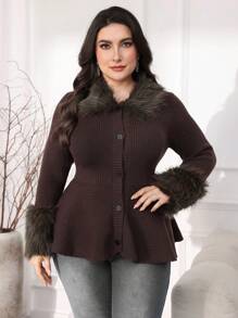 Mulvari Plus Size Casual Fuzzy Patchwork Tie-Front Cardigan, Autumn/Winter - Rust Brown - View 3