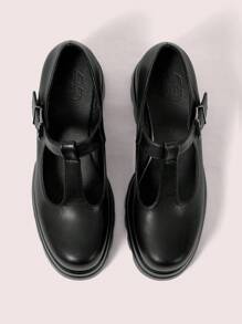 CUCCOO DOLLMOD Women's Round Toe T-Strap Platform Oxfords, Buckle Closure Black Flats For Christmas And New Year Holiday Vibe Fall And Winter Valentines - Black - View 4