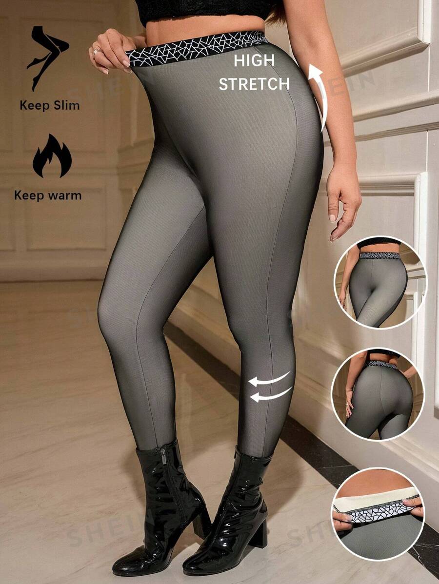 SHEIN Privé Mallas skiny con forro térmico de talla grande, medias adelgazantes para otoño/invierno - Negro - Ver 1