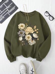 INAWLY Áo nỉ cổ tròn in hoa cỡ lớn, thường ngày mùa thu/đông - xanh quân đội - Xem 1