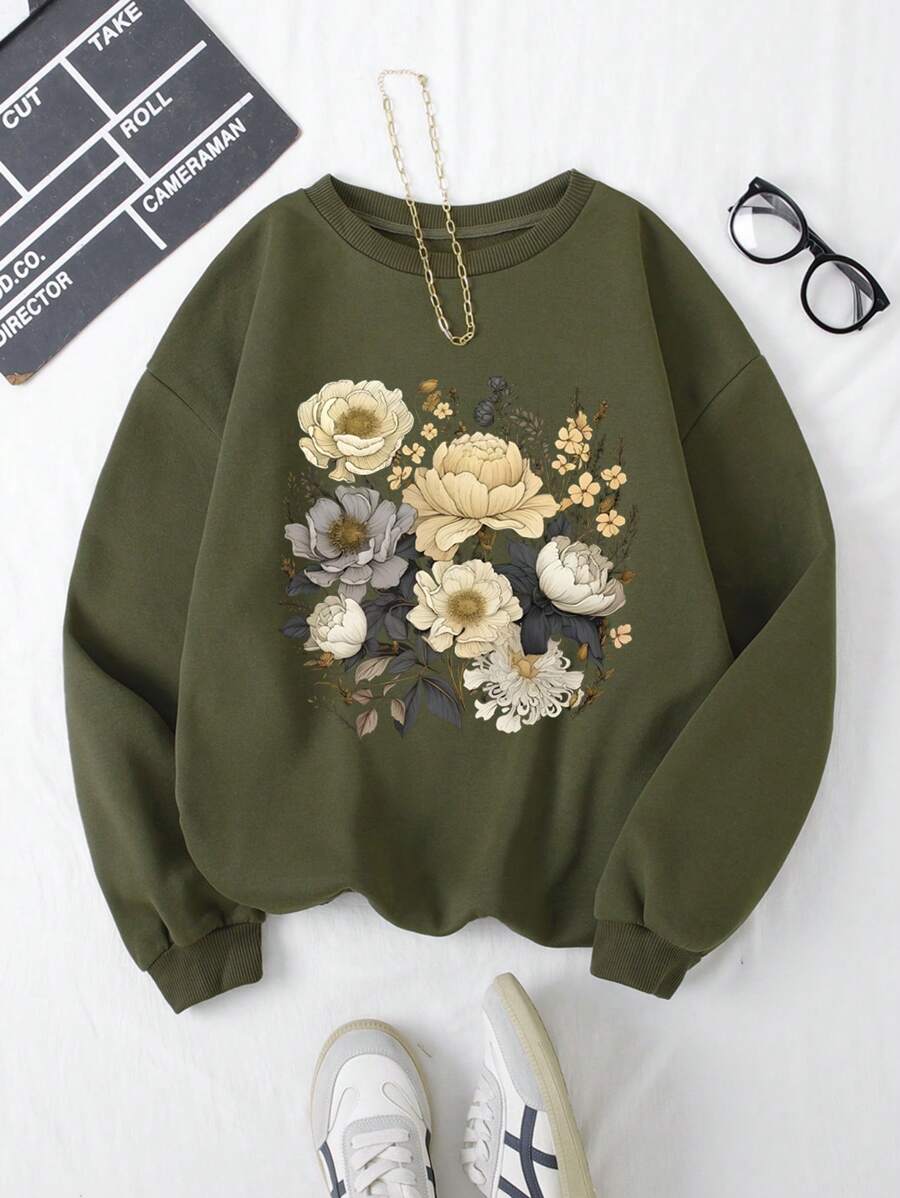 INAWLY Áo nỉ cổ tròn in hoa cỡ lớn, thường ngày mùa thu/đông - xanh quân đội - Xem 1