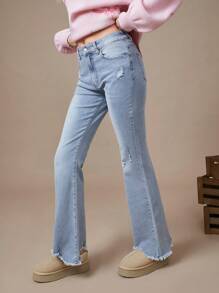 WESTFADE Summer Outfit High Rise Premium Denim Distressed Fray Hem Flare Jeans - Light Wash - View 7