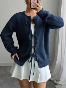 Rafferiza Crew Neck Front Tie Design Long Sleeve Cardigan - Navy Blue - View 5