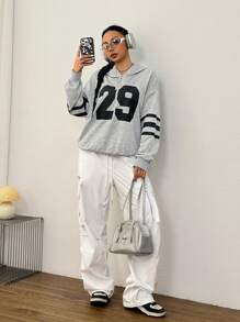SHEIN EZwear 女士秋季休闲简约数字印花超大连帽运动衫 - 灰色 - 查看 3